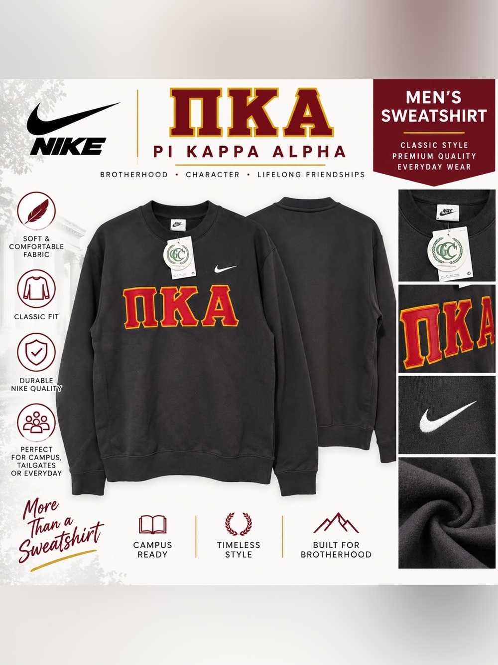 Nike Black Crewneck Sweatshirt with Red and Gold Pi Kappa Alpha Letters